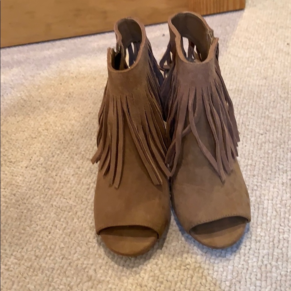 Fringe Open Toe Wedge with Block Heel